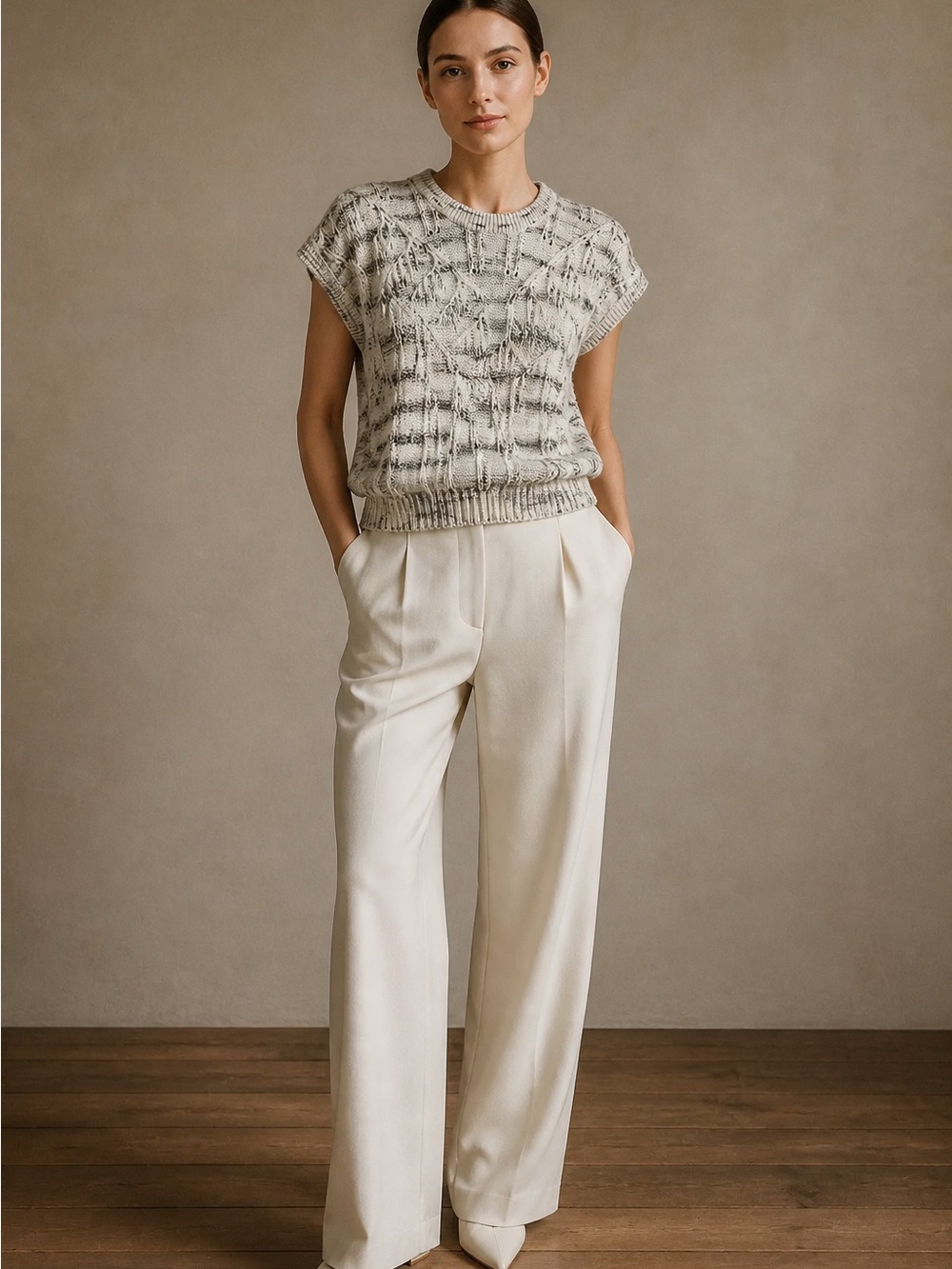 Vintage Cable-Knit Short Sleeve Sweater Vest - Cream/Gray M-XL - Picture 2 of 9